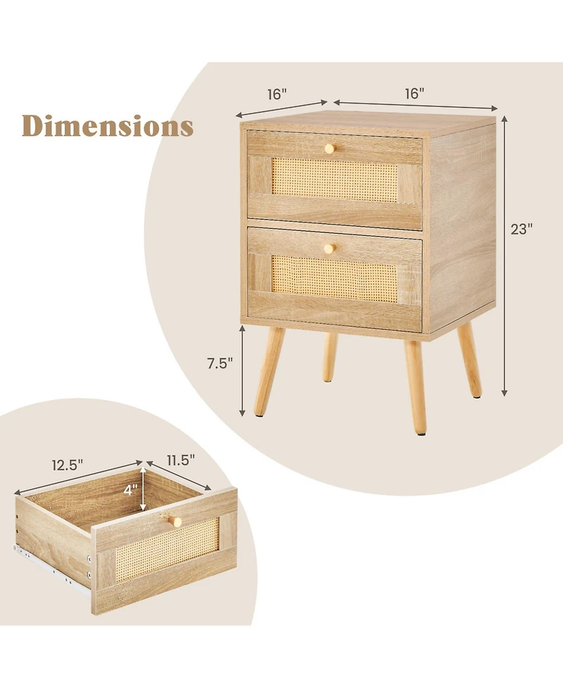 Sugift Rattan Nightstand Boho Accent Bedside Table with 2 Storage Drawers