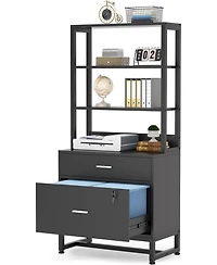 Tribesigns 2 Drawer Vertical File Cabinet with Lock & Bookshelf, Letter Large Modern Filing Printer Stand Open Storage Shelves for H