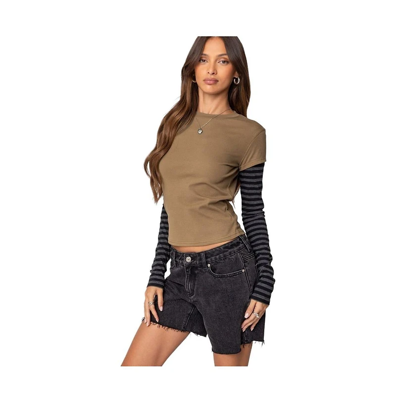 Edikted Womens Eliana Layered Long Sleeve T Shirt
