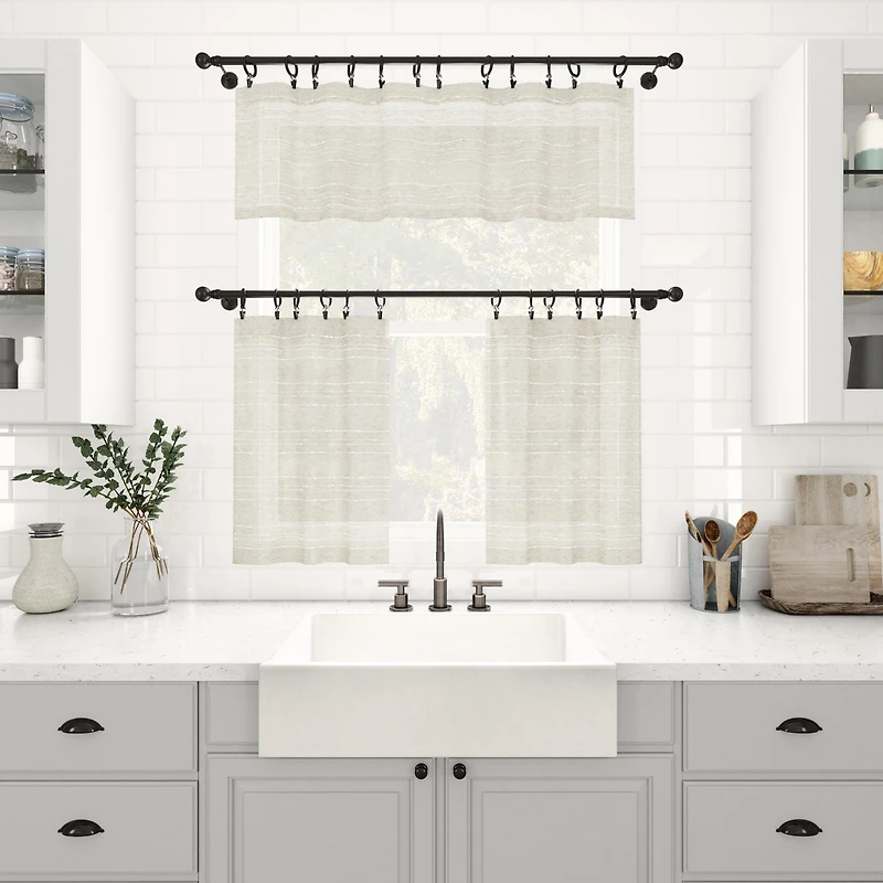 Textured Slub Stripe Anti-Dust Linen Blend Sheer Cafe Curtain Pair