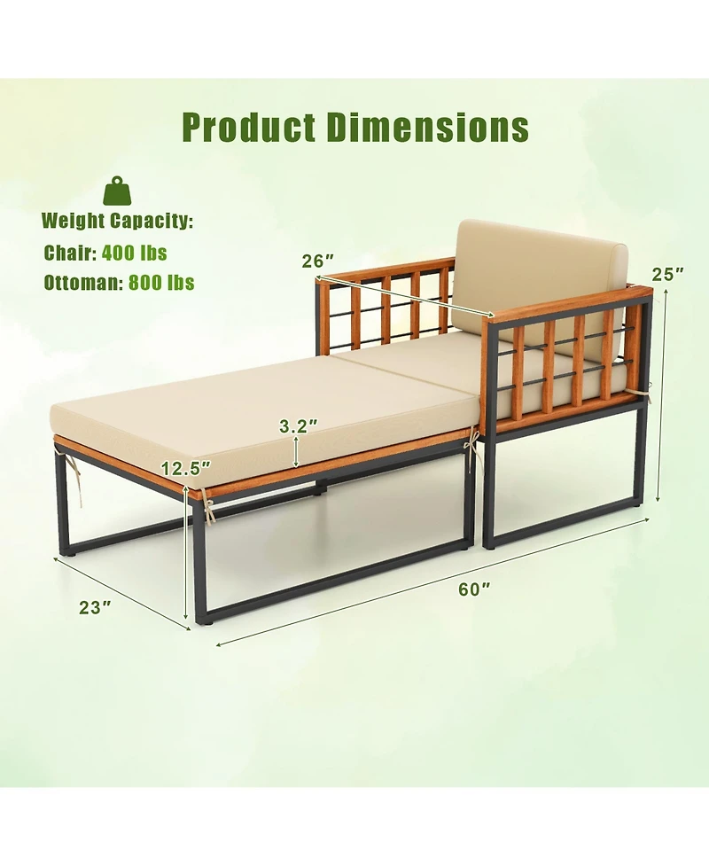 Skonyon Patio Acacia Wood Armchair with Long Ottoman and Seat Back Cushions