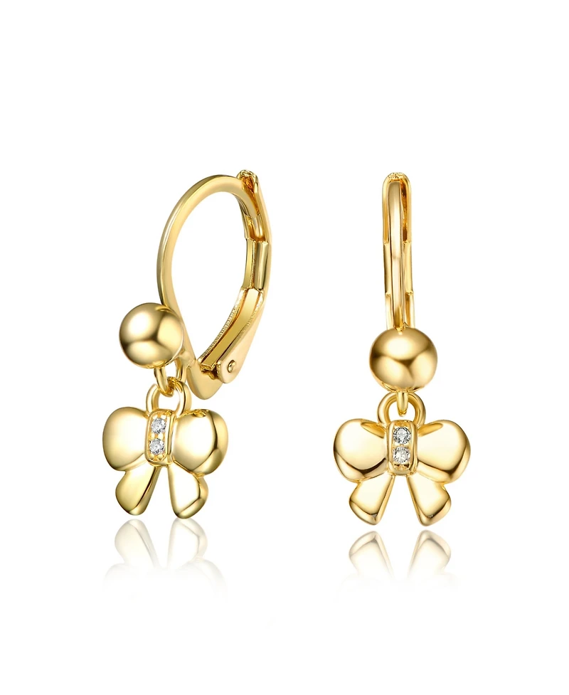 14k Yellow Gold Plated Bow Dangling earrings with Red Cubic Zirconia For Kids