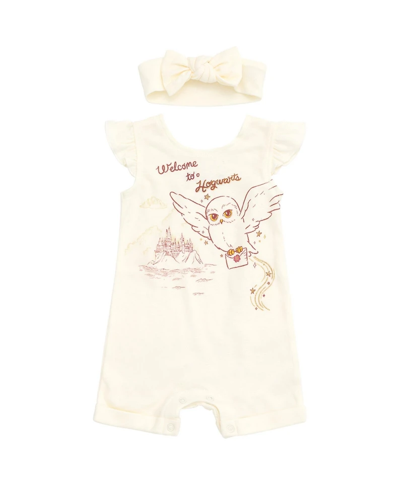 Harry Potter Baby Girls Hedwig Owl French Terry Romper and Headband