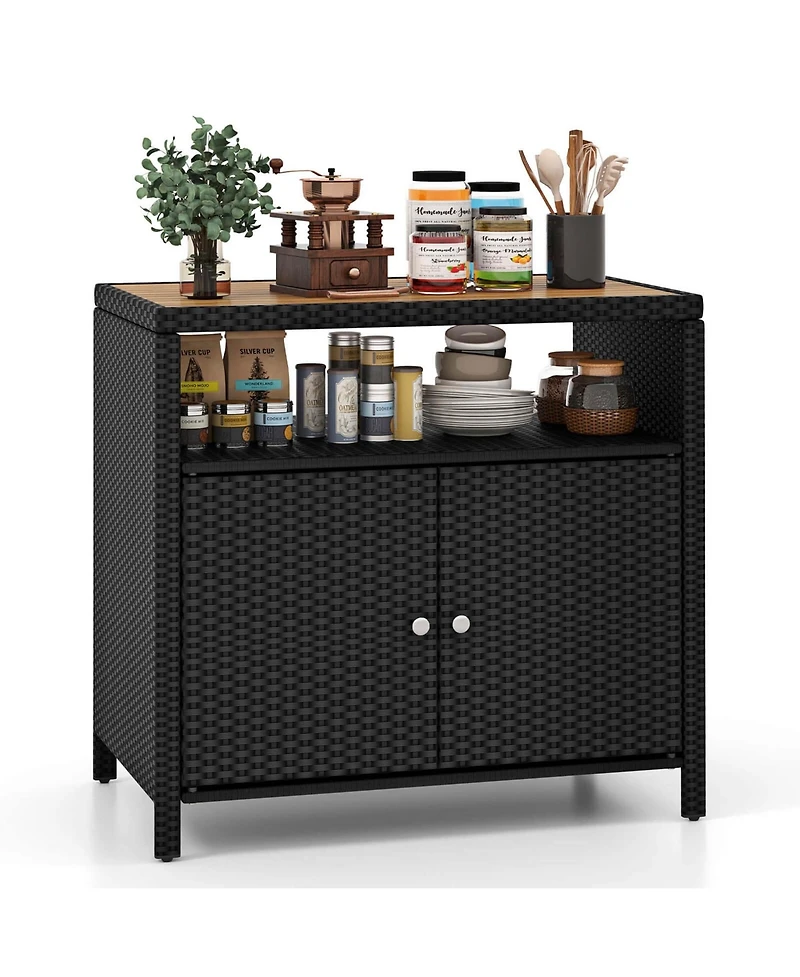 Patio Rattan Storage Cabinet with Acacia Wood Countertop Open Shelf 2 Door