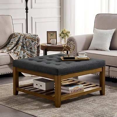 Streamdale Linen-Tufted Coffee Table Ottoman with Beechwood Shelf and Frame