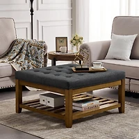 Streamdale Linen-Tufted Coffee Table Ottoman with Beechwood Shelf and Frame