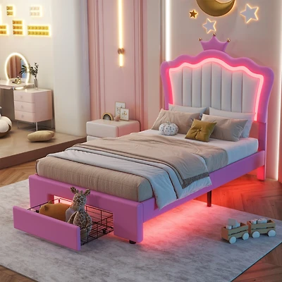 Streamdale Twin Upholstered Bed with Crown Headboard and Led Lights