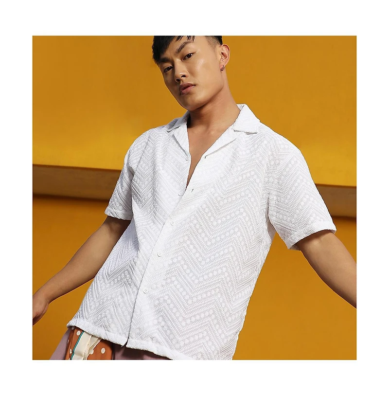 Campus Sutra Men's Chalk White Embroidered Zig-Zag Shirt