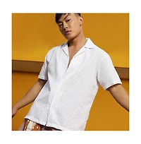 Campus Sutra Men's Chalk White Embroidered Zig-Zag Shirt