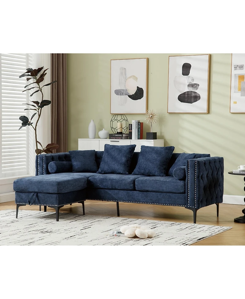 Streamdale Furniture Blue Chenille L-Sectional Sofa with Storage Ottoman