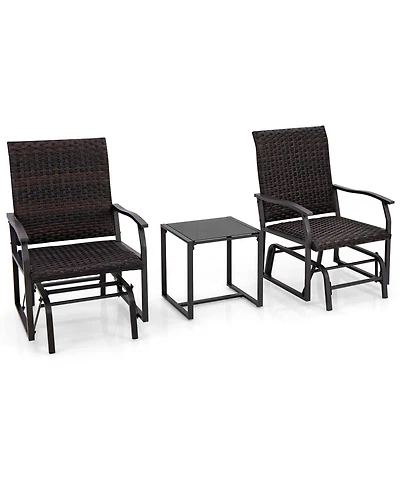 3 Pcs Patio Gliding Set with Tempered Glass Coffee Table Quick Dry Foam Wicker
