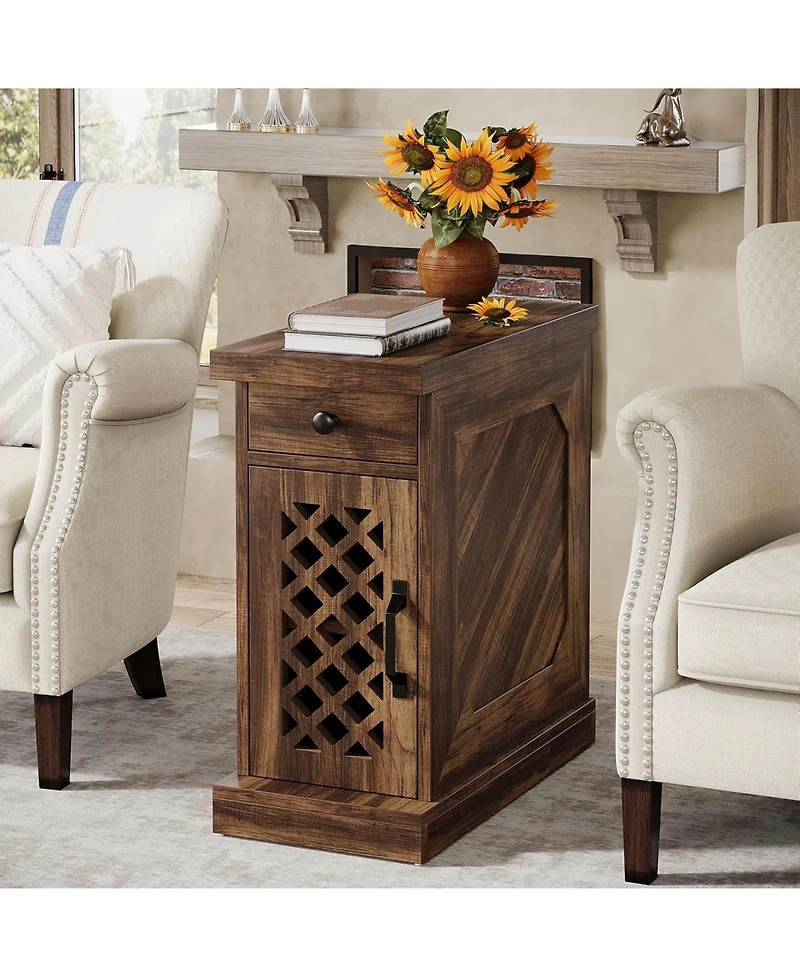 Tribesigns End Table, Narrow Side Table with Drawer and Cabinet, Farmhouse Nightstand End Table for Small Space, Living Room, Bedroom, Vintage Brown