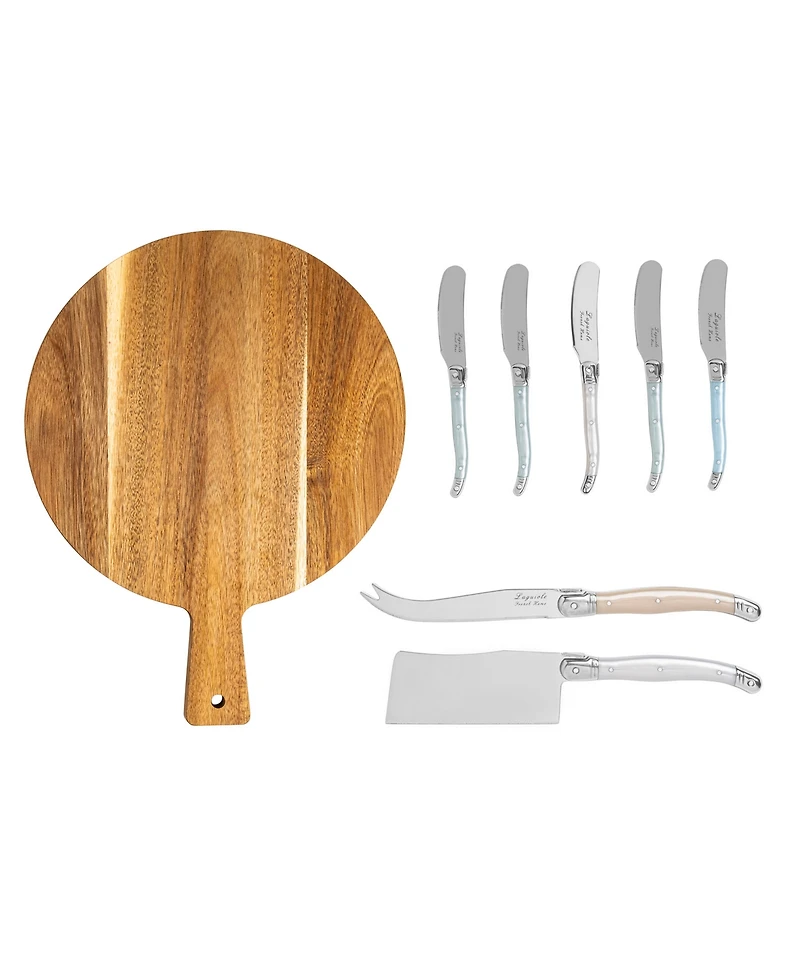 French Home Laguiole 8 Piece Cheese Knife and Spreader Set Handles and Wood Board