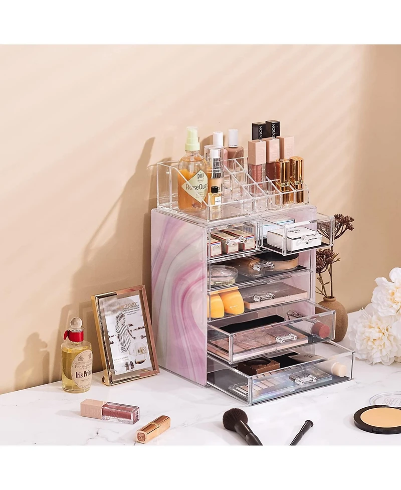 Sorbus 2 Piece Acrylic Makeup and Jewelry Storage Organizer Case (6 Drawers and Lipstick Tray) - Tie Dye Pink