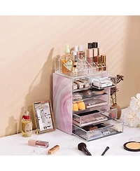 Sorbus 2 Piece Acrylic Makeup and Jewelry Storage Organizer Case (6 Drawers and Lipstick Tray) - Tie Dye Pink