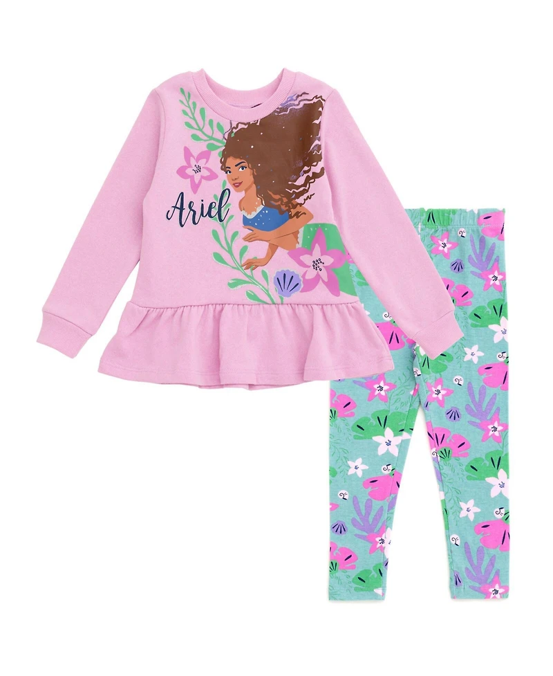 The Little Mermaid Girls Disney Peplum Fleece Sweatshirt and Leggings Outfit Set (2T - 10-12)