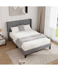 Gymax Full Size Upholstered Bed Frame w/ Elastic Pockets Mattress Foundation Gray