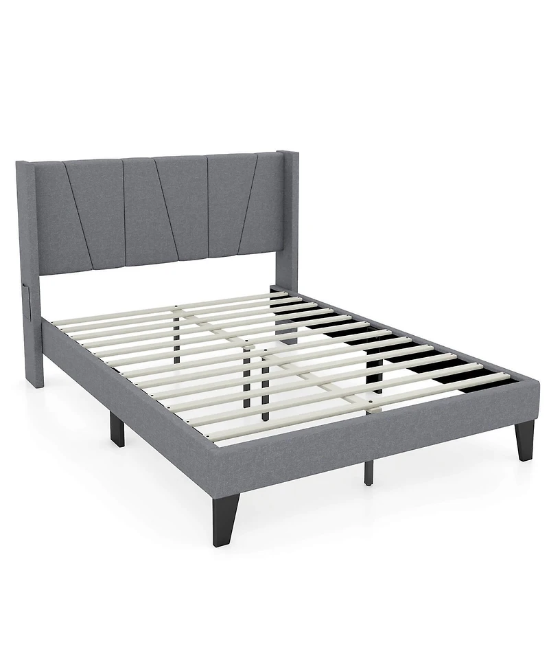 Gymax Full Size Upholstered Bed Frame w/ Elastic Pockets Mattress Foundation Gray