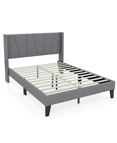 Gymax Full Size Upholstered Bed Frame w/ Elastic Pockets Mattress Foundation Gray