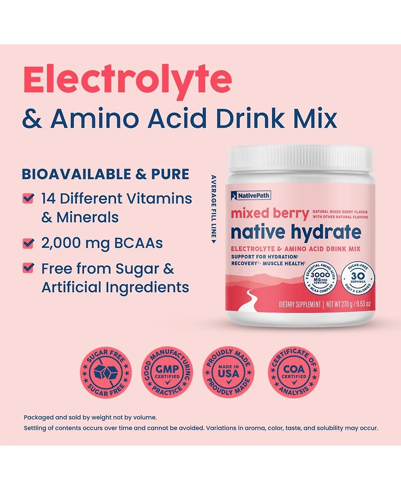 NativePath Native Hydrate, Zero Sugar, Electrolytes Powder with BCAAs, Mixed Berry Hydration, Keto & Paleo Friendly, 30 Servings
