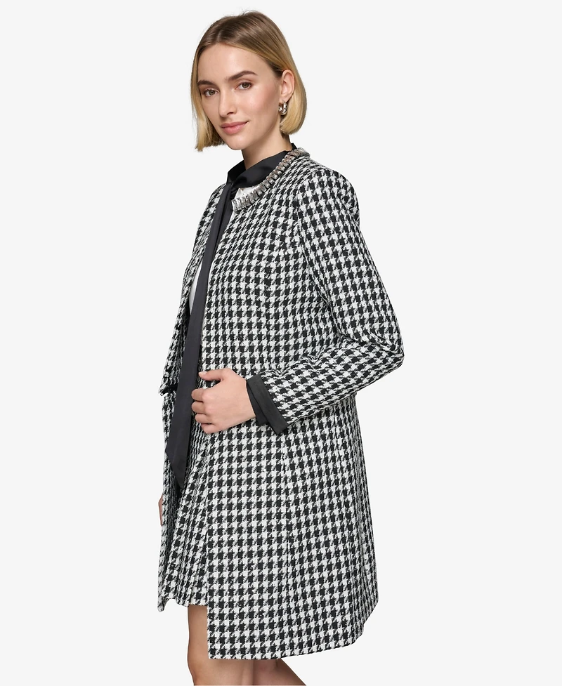 Karl Lagerfeld Paris Women's Convertible Rhinestone-Collar Houndstooth Jacket