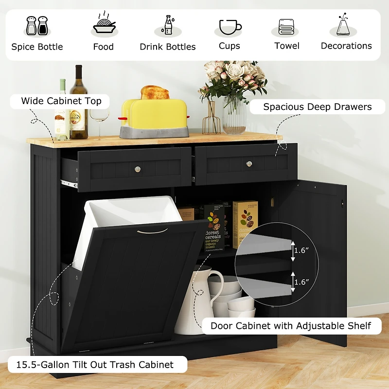 Wooden Kitchen Trash Cabinet Tilt Out Bin Holder with Drawer & Storage Shelf