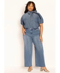 Eloquii Women's Puff Sleeve Chambray Tie Neck Top