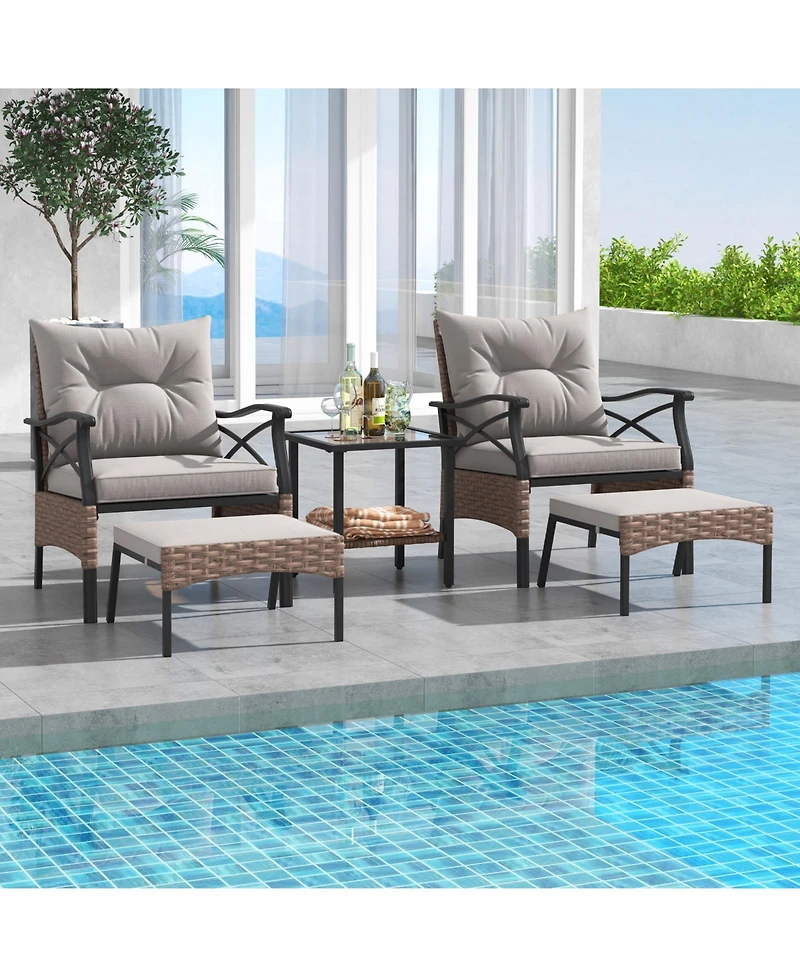 5 Pieces Wicker Patio Furniture Set Ottomans and Cushions and 2-Tier Tempered Glass Side Table-Brown