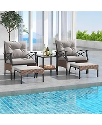 5 Pieces Wicker Patio Furniture Set Ottomans and Cushions and 2-Tier Tempered Glass Side Table-Brown
