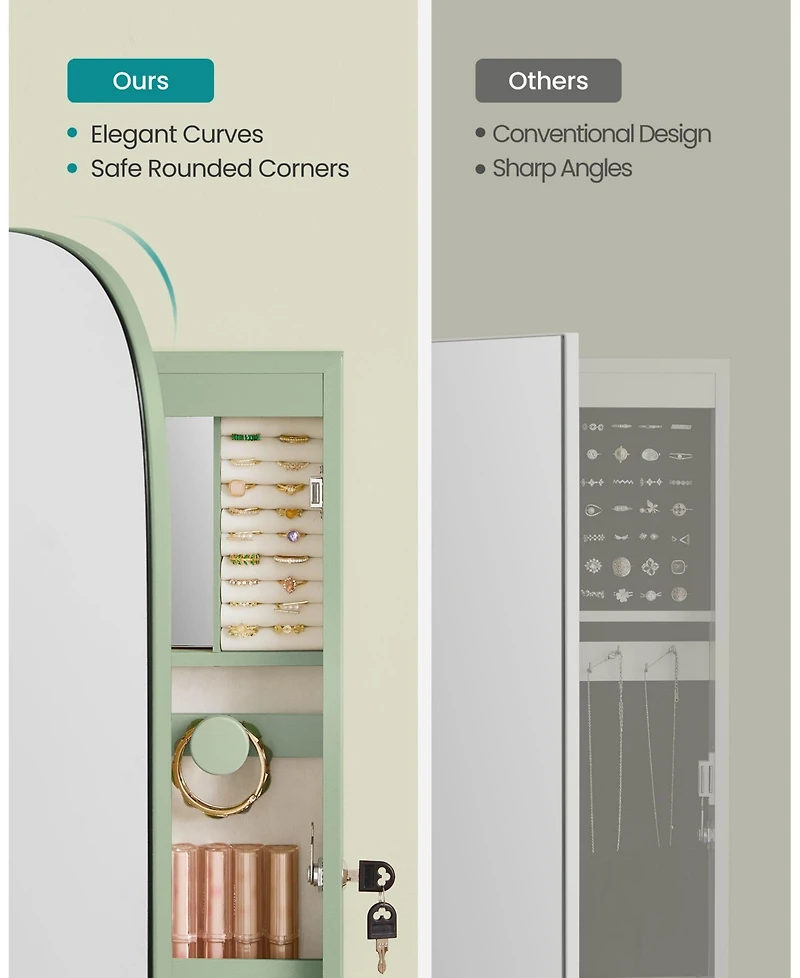 Slickblue Led Jewelry Cabinet Wall/Door Mounted, Lockable Rounded Wide Mirror with Storage, Interior Mirror