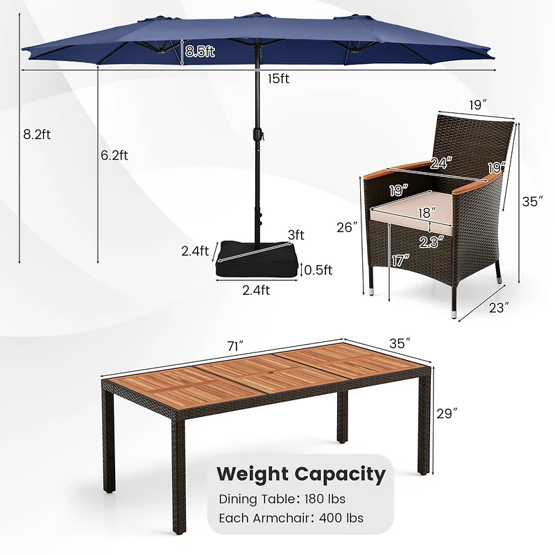 11 Pcs Patio Dining Set with 15ft Double-Sided Umbrella (Base Included)