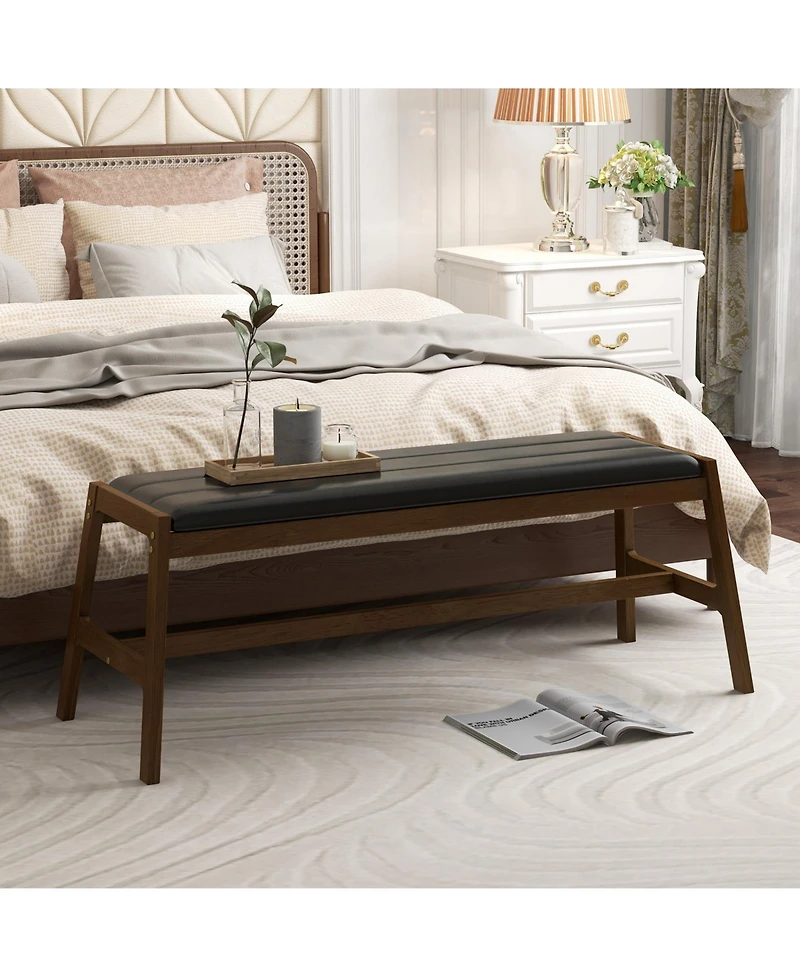 50 Inch Long Solid Wood Dining Bench Upholstered Table Bench with Faux Leather Padded Seat