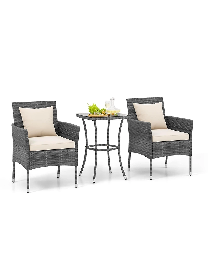 3 Pieces Patio Furniture Set with Cushioned Patio Chairs and Tempered Glass Coffee Table-White