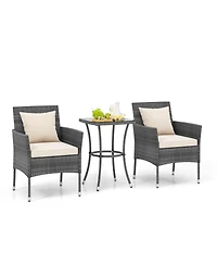 3 Pieces Patio Furniture Set with Cushioned Patio Chairs and Tempered Glass Coffee Table-White