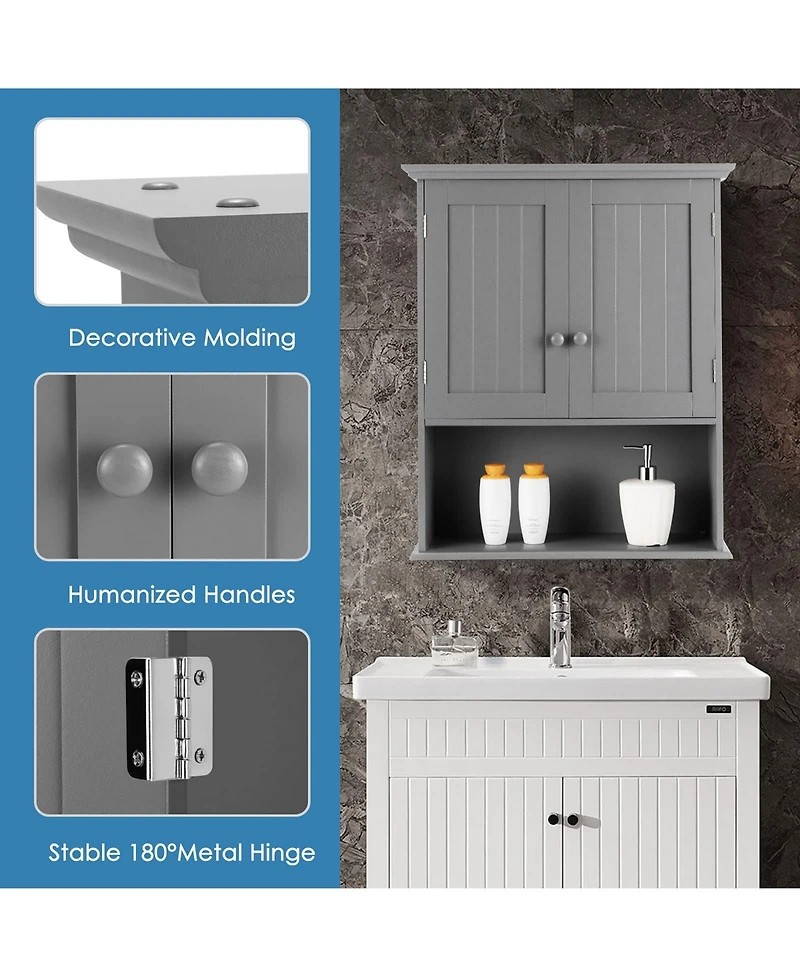 Wall Mount Bathroom Cabinet Storage Organizer with Doors and Shelves-Gray