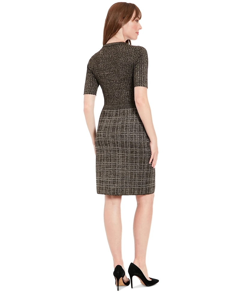 London Times Petite Metallic Rib-Knit Tweed Sheath Dress