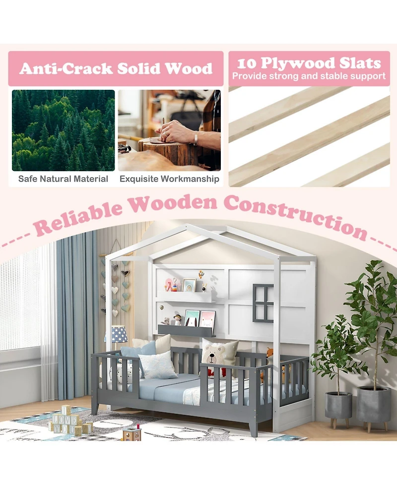 Sugift Twin Wood House Bed Montessori Floor Bed with 2 Shelves and Guardrails