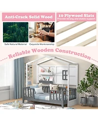 Sugift Twin Wood House Bed Montessori Floor Bed with 2 Shelves and Guardrails