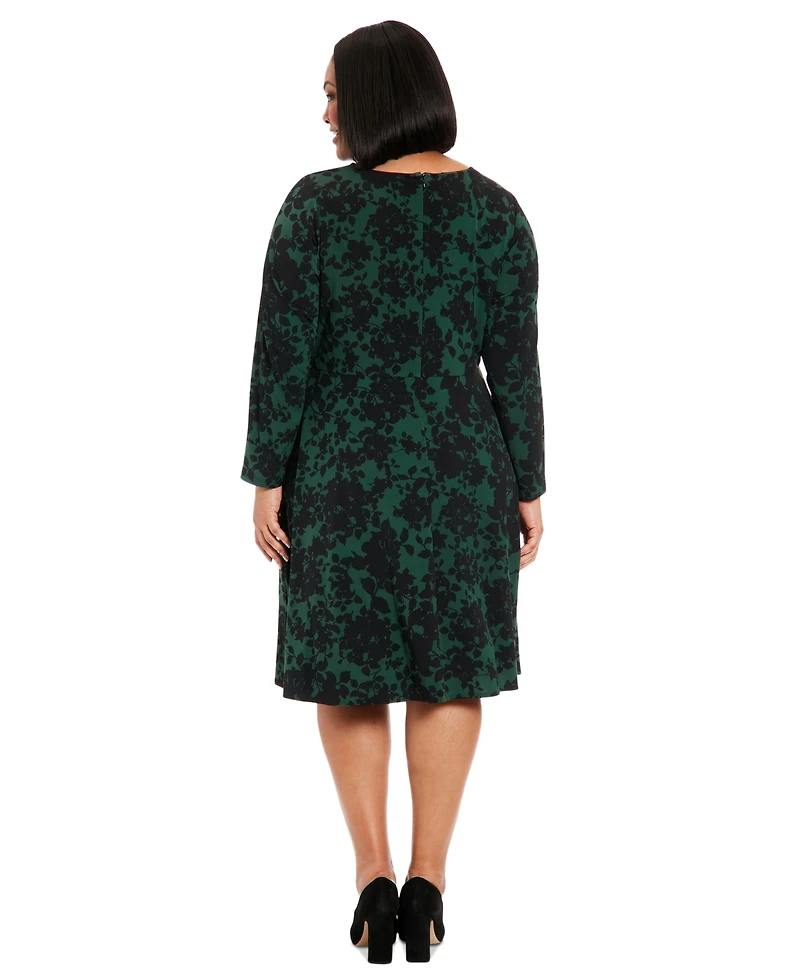 London Times Plus Size Printed Keyhole Long-Sleeve Dress