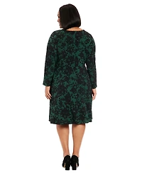 London Times Plus Size Printed Keyhole Long-Sleeve Dress