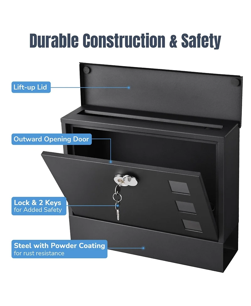 Large Wall Mount Steel Mail Box Lockable Letterbox w/ Door & 2 Keys Home Security Outdoor