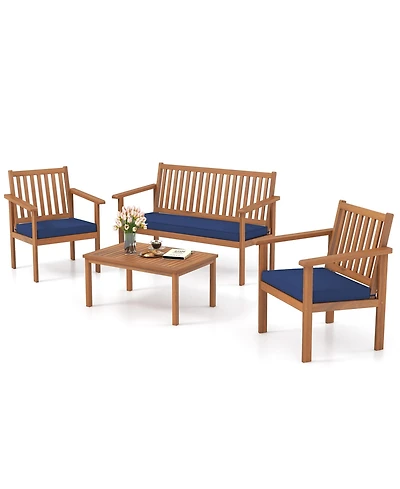 4 Pcs Patio Wood Furniture Set with Loveseat, 2 Chairs & Coffee Table for Porch
