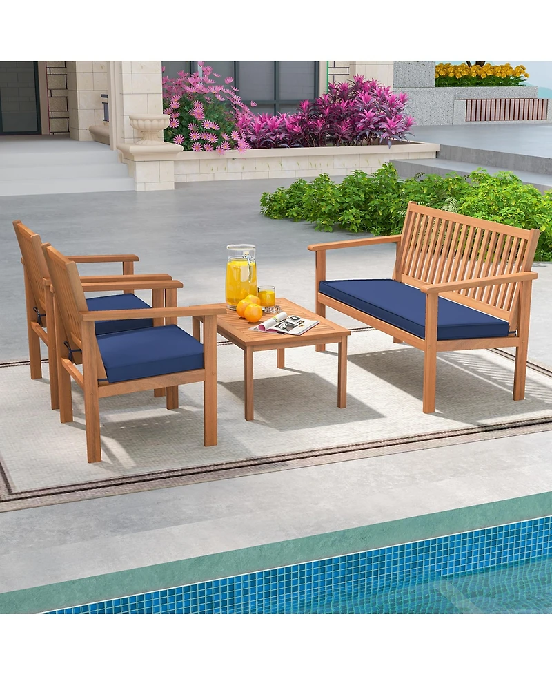 4 Pcs Patio Wood Furniture Set with Loveseat, 2 Chairs & Coffee Table for Porch