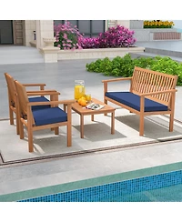 4 Pcs Patio Wood Furniture Set with Loveseat, 2 Chairs & Coffee Table for Porch