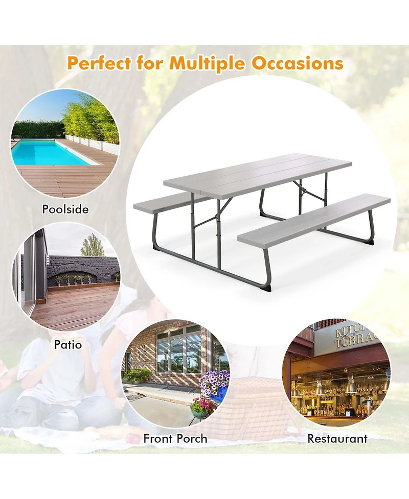 Costway Folding Picnic Table with Wood-like Tabletop, Umbrella Hole, 2 Benches for 8 Person