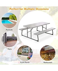 Costway Folding Picnic Table with Wood-like Tabletop, Umbrella Hole, 2 Benches for 8 Person