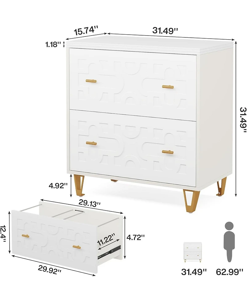 Tribesigns 2-Drawer Lateral File Cabinet, Modern White Filing Cabinet, Large Storage Filing Cabinet Printer Stand for Home Office, White and Gold