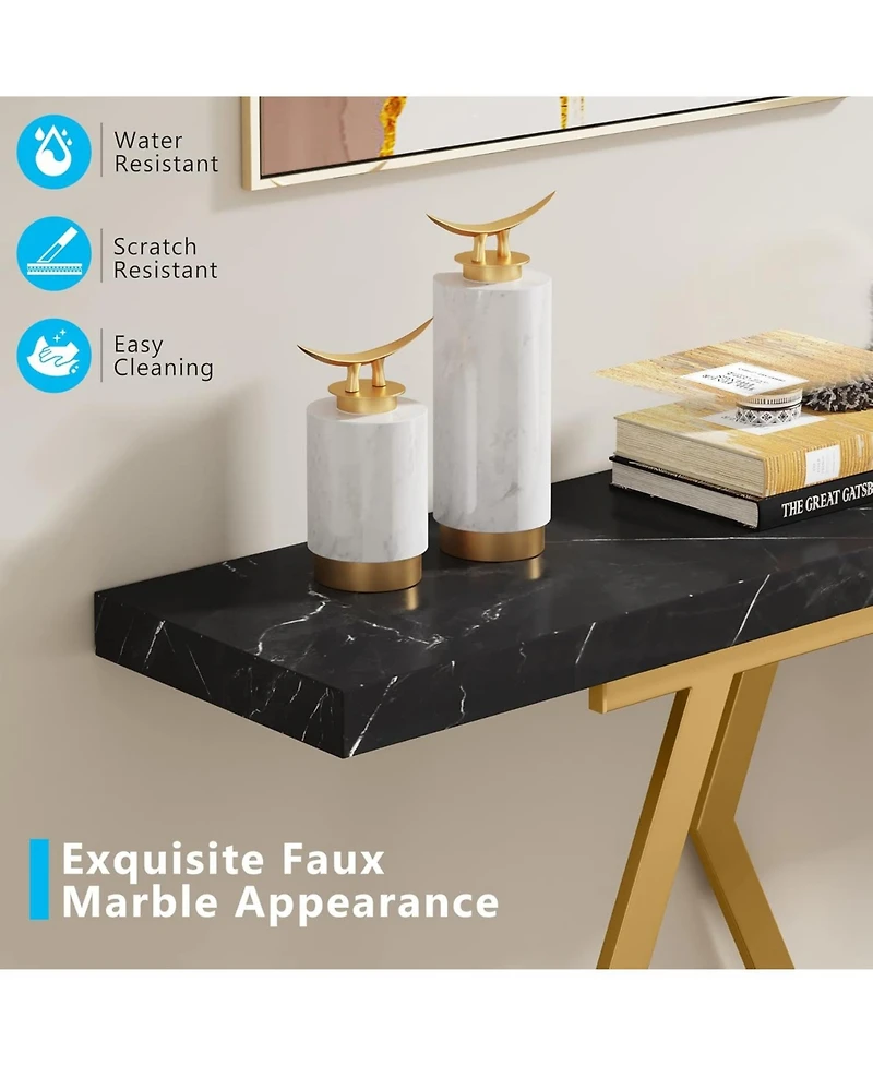 Tribesigns 70.9 Inch Extra Long Sofa Table， White and Gold Console Table with Faux Marble Tabletop, Modern Long Entryway Table with Gold Frame
