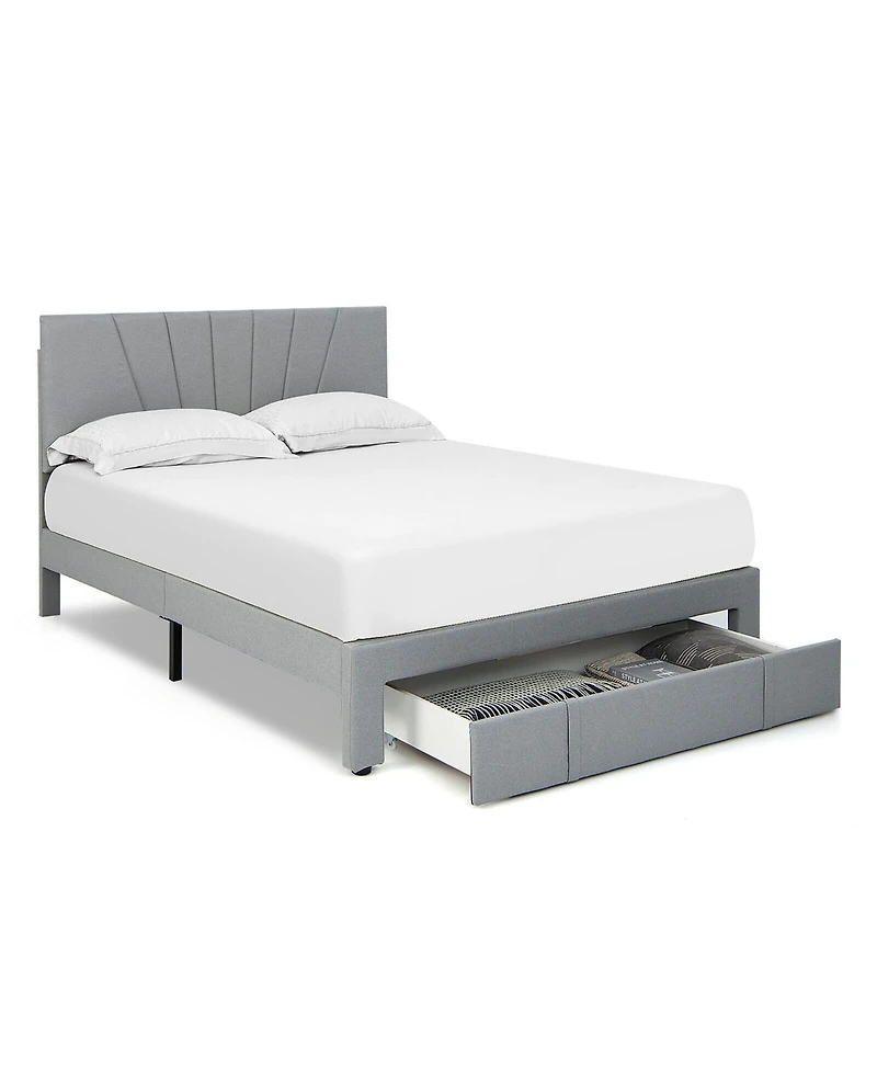 Gymax Queen Upholstered Bed Frame Platform with Drawer & Adjustable Headboard Grey