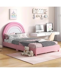 Gymax Kids Twin Platform Bed Frame Upholstered w/ Wooden Slats Support Blue